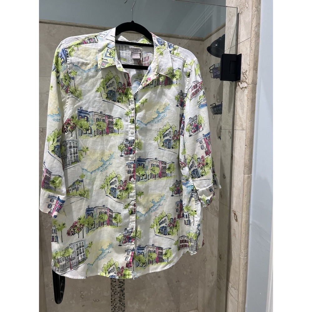Chicos Linen Blouse White Coastal Villa Atlantic Print Shirt Size 3 XL